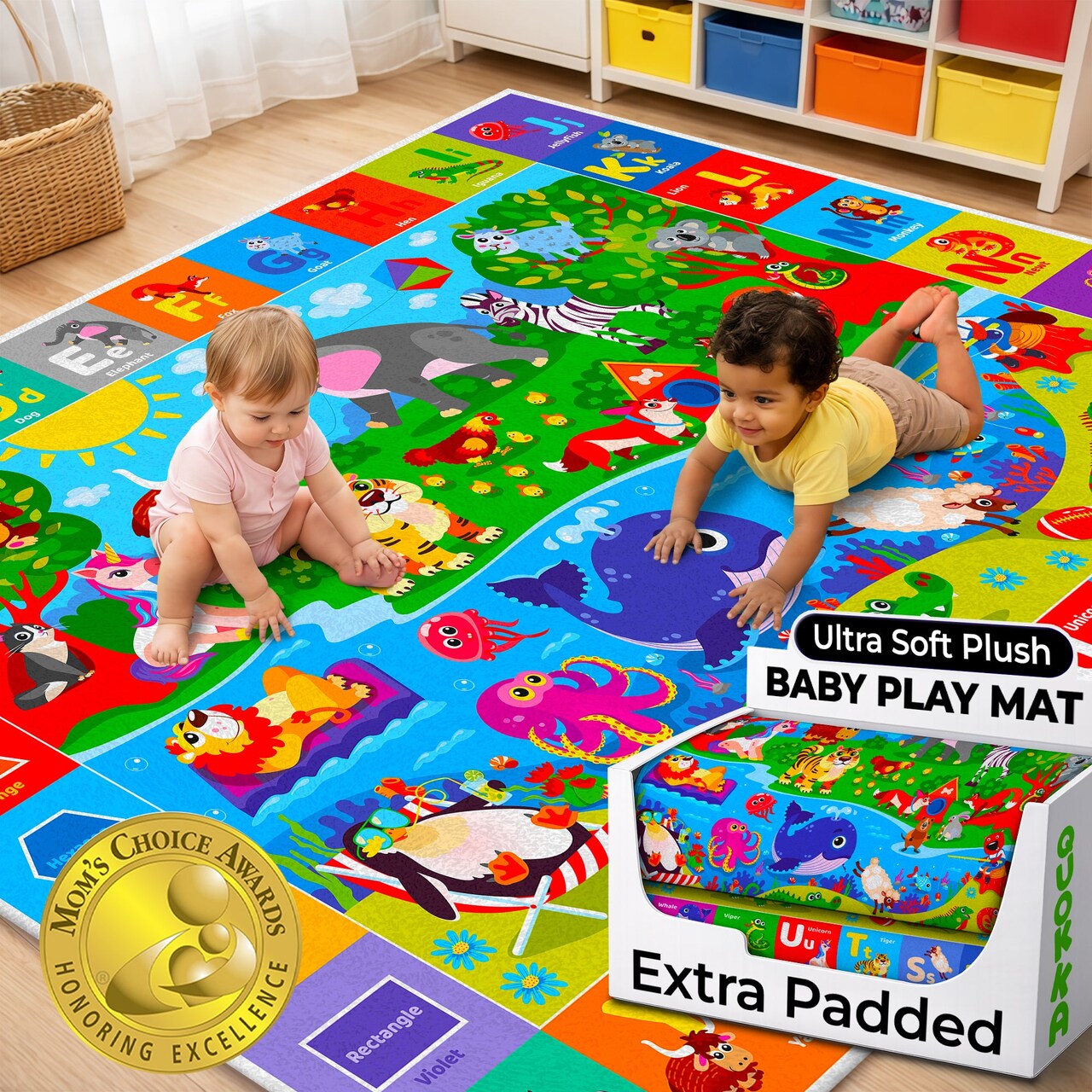 QUOKKA Baby Play Mat for Floor Plush ABC Playmat for Toddlers and Infants - Large Padded Non-Slip Nursery Rug for Babies Crawling and Playing - Foldable Care Mat for Playroom
